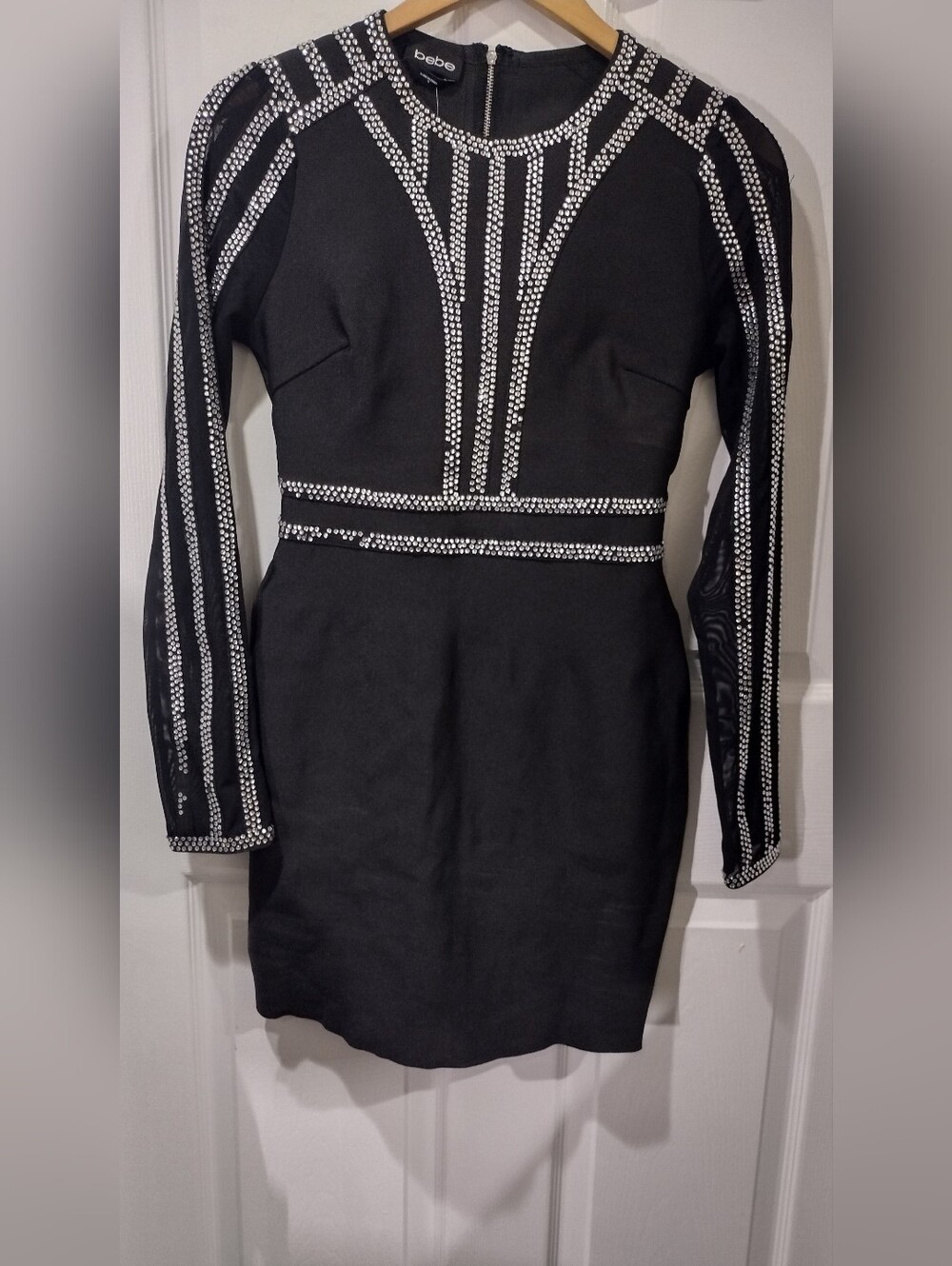 bebe Black Long-Sleeve Rhinestone-Trim Bodycon Dress